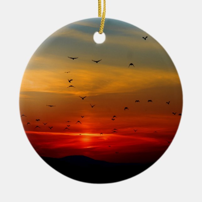 Adorno De Cerámica Cielo atmosférico, puesta de sol, pájaros, hermosa (Frente)