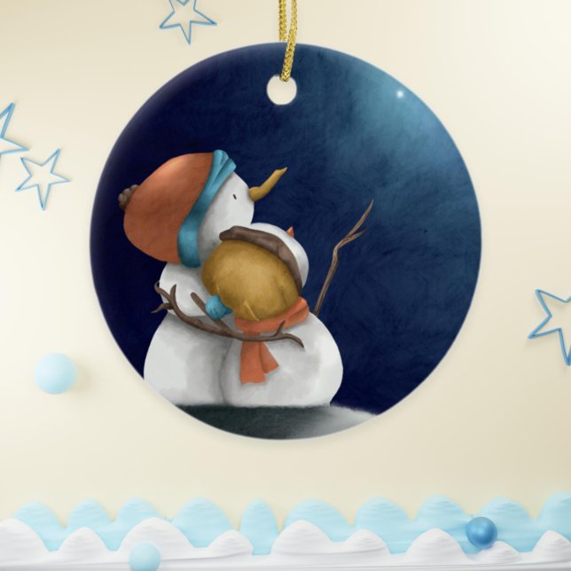 Adorno De Cerámica Cielo azul oscuro Hombres de nieve abrazando viend (Cute Couple First Christmas Snowmen Ornament)