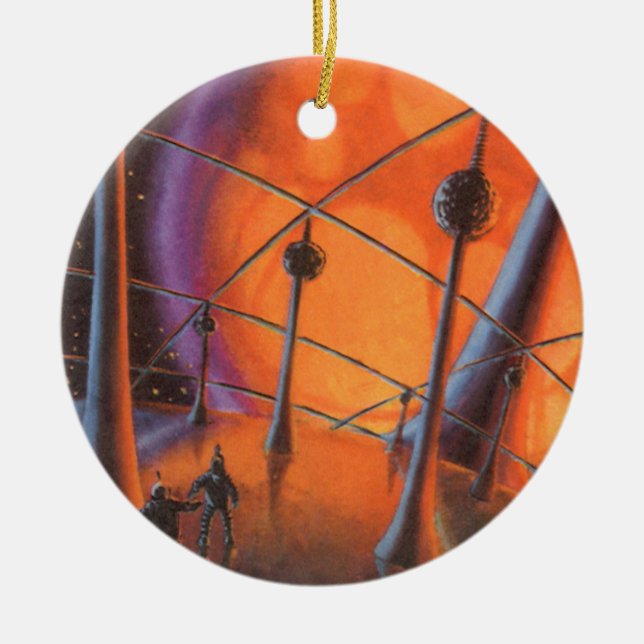 Adorno De Cerámica Ciencia ficción vintage, sol Naranja y extranjeros (Frente)