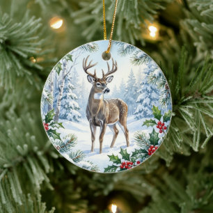 Adorno De Cerámica Ciervo Bosque Rústico Navidad Blanca Naturaleza 