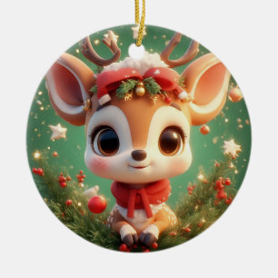 Adorno De Cerámica Ciervo de dibujos animados adorable en una Navidad
