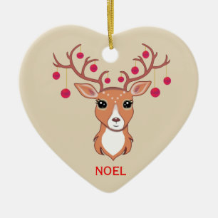 Adorno De Cerámica Ciervo de Navidad con bolas rojas