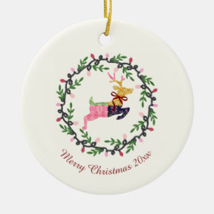 Adorno De Cerámica Ciervo de Navidad con Corona Personalizable