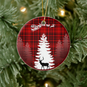 Adorno De Cerámica ciervo de santa navidad árbol rojo cuadros escoces
