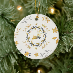 Adorno De Cerámica Ciervo Floral Crema Amarillo de Navidad
