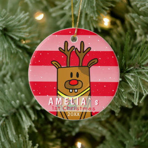 Adorno De Cerámica Ciervo Lindo Rojo Rosa Navidad del Primer Bebe