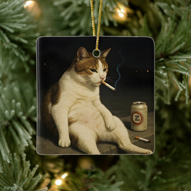 Adorno De Cerámica Cigarette Kitten Funny Smoking Cat Gen Z Meme (Árbol)