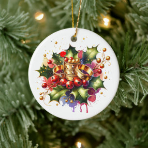Adorno De Cerámica Cinco anillos dorados Doce días de Navidades