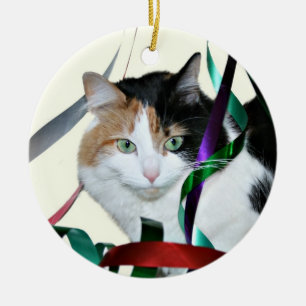 Adorno De Cerámica Cinta de Navidades del gato calico