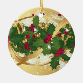 Adorno De Cerámica Cinta Festiva de Acebo — Diseño Elegante de Navida
