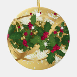 Adorno De Cerámica Cinta Festiva de Acebo — Diseño Elegante de Navida