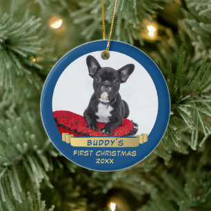 Adorno De Cerámica Cinta festiva de Navidad 1er perro azul mascota fo
