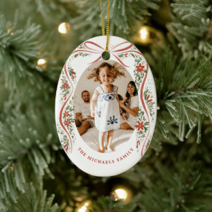 Adorno De Cerámica Cinta roja festiva con Poinsettias y vegetación