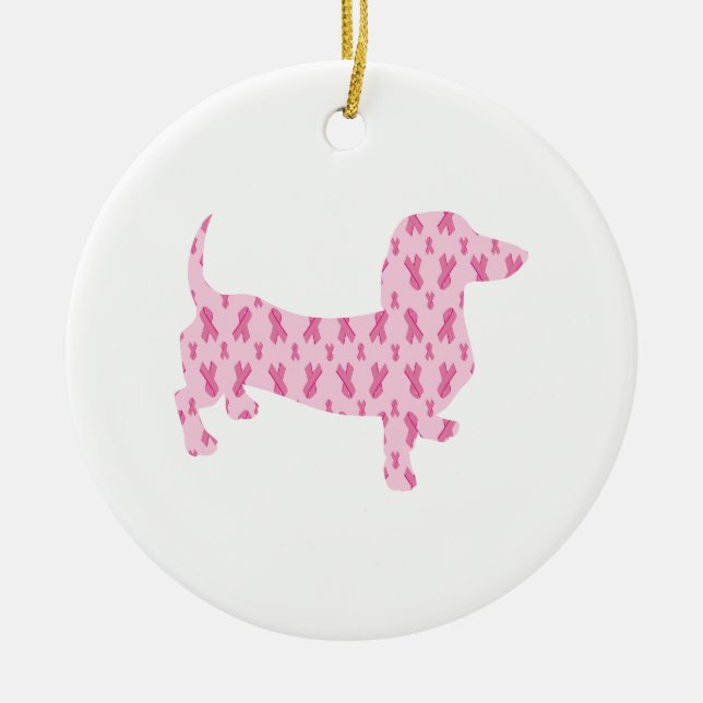 Adorno De Cerámica Cinta rosa Dachshund para el cáncer (Frente)