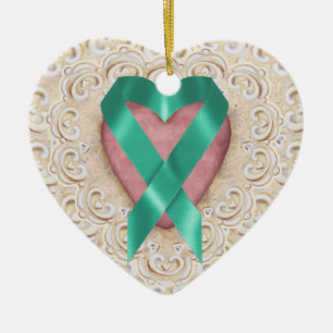Adorno De Cerámica Cinta verde azulada del corazón - SRF del cáncer