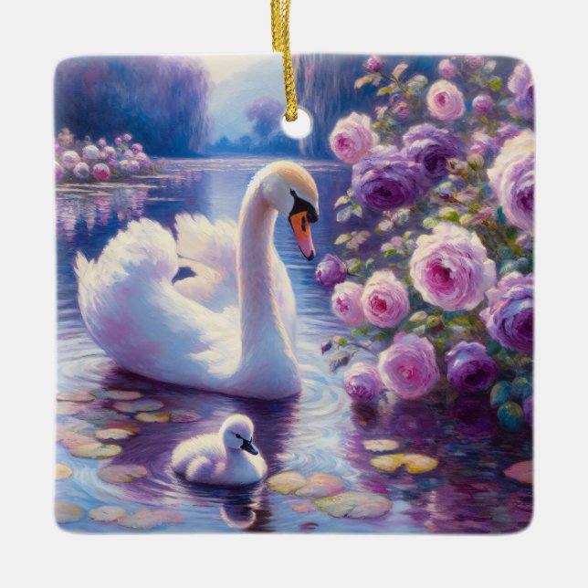Adorno De Cerámica Cisne blanco con Rosas morados (Anverso)