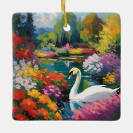 Adorno De Cerámica Cisne en un lago rodeado de flores