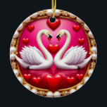 Adorno De Cerámica Cisnes de boda romántica enmarcados por Ornat<br><div class="desc">Dos elegantes cisnes formando una forma de corazón,  rodeados de un marco deslumbrante con joyas y una variedad de corazones rojos,  que evocan romance,  belleza y el concepto de amor y devoción eternos.</div>