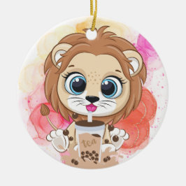 Adorno De Cerámica Cita de león personalizado tomando té bobba.