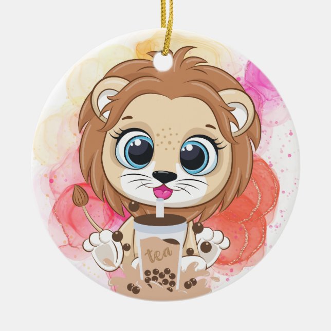 Adorno De Cerámica Cita de león personalizado tomando té bobba. (Frente)