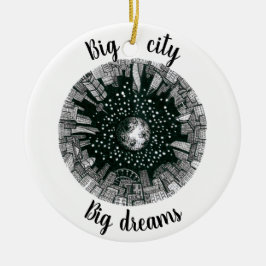 Adorno De Cerámica Ciudad panorámica en blanco y negro bajo la luna