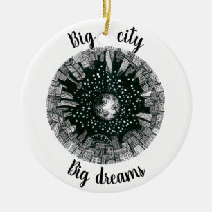 Adorno De Cerámica Ciudad panorámica en blanco y negro bajo la luna