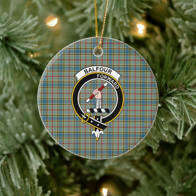Adorno De Cerámica Clan escocés Balfour Tartán y Escudo (Árbol)