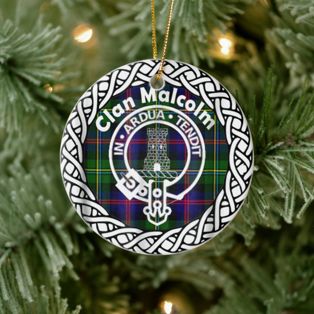 Adorno De Cerámica Clan escocés Malcolm Tartán y Escudo (Árbol)