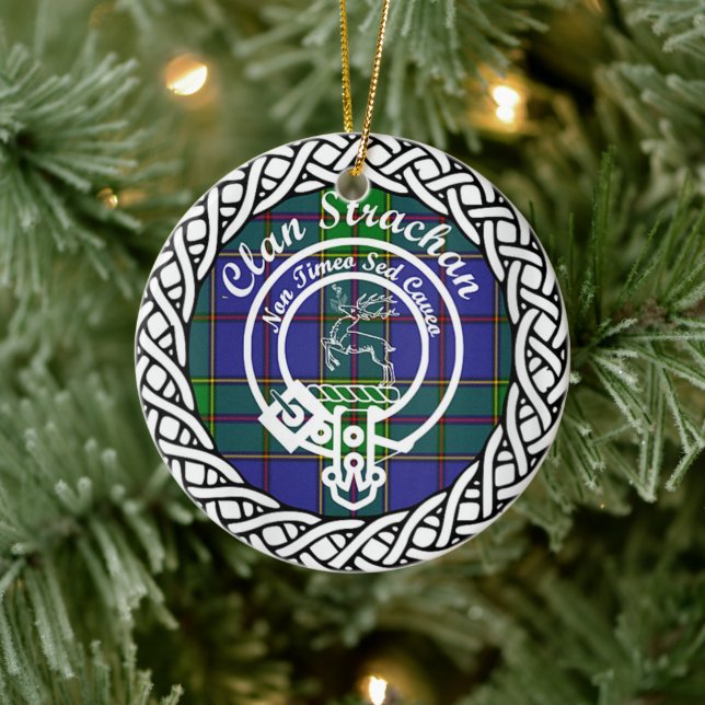 Adorno De Cerámica Clan escocés Strachan Tartán y Escudo (Árbol)