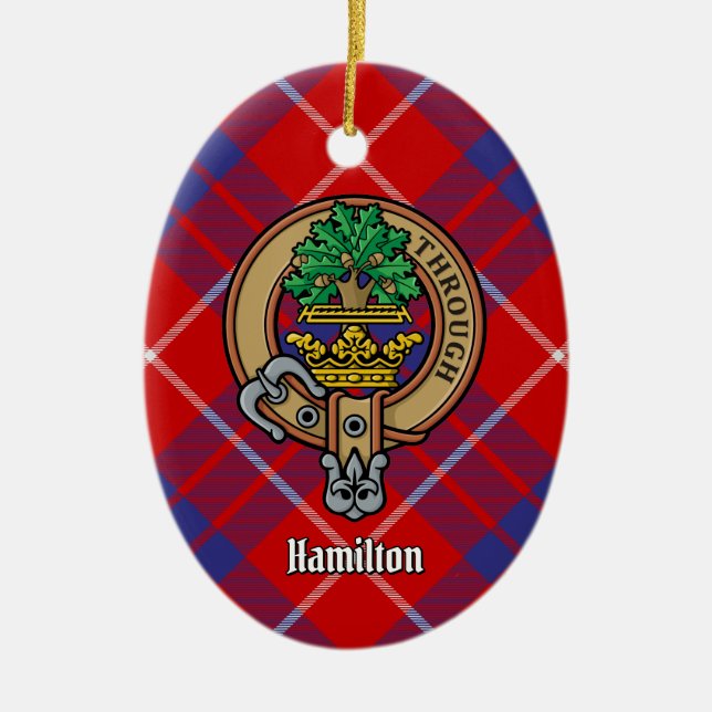 Adorno De Cerámica Clan Hamilton Escudo sobre Red Tartán (Frente)
