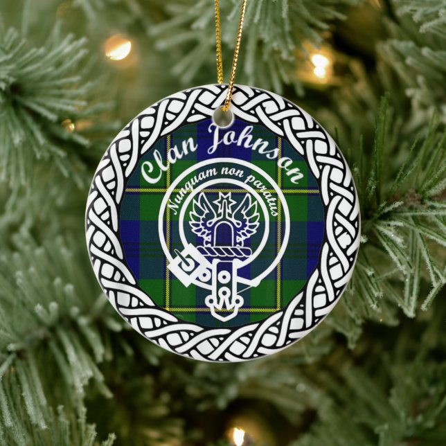 Adorno De Cerámica Clan Johnson Tartán y Escudo de Escocia (Árbol)