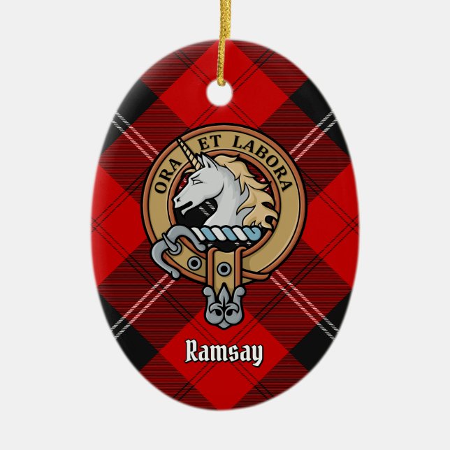 Adorno De Cerámica Clan Ramsay Escudo sobre Tartán Rojo (Frente)