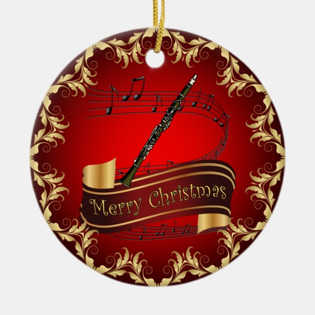 Adorno De Cerámica Clarinet ~ Musical Scroll ~ Feliz Navidad ~ (Frente)