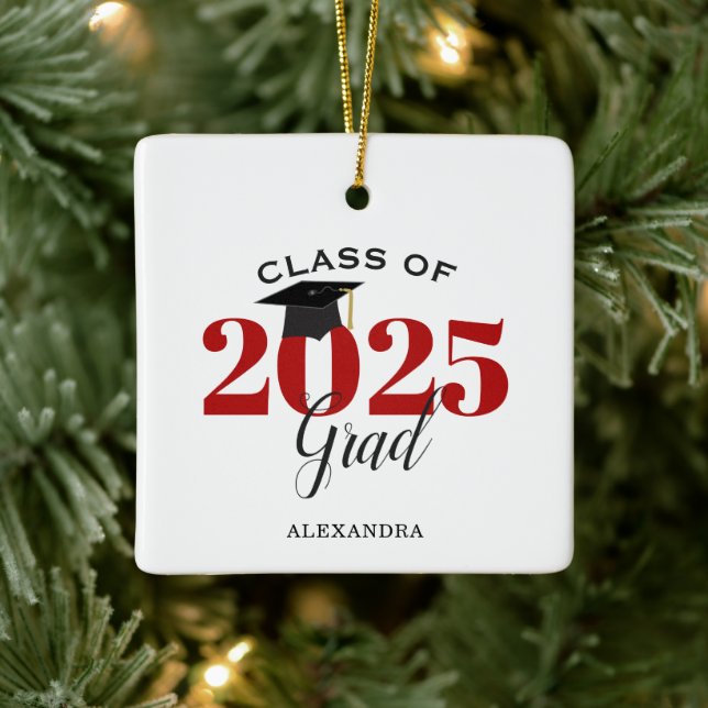 Adorno De Cerámica Clase de 2025 Graduado de rojo y negro moderno (Árbol)