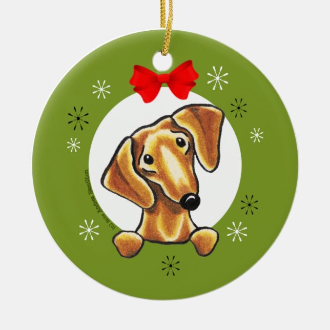 Adorno De Cerámica Clásico de Navidades de Dachshund suaves rojas (Frente)