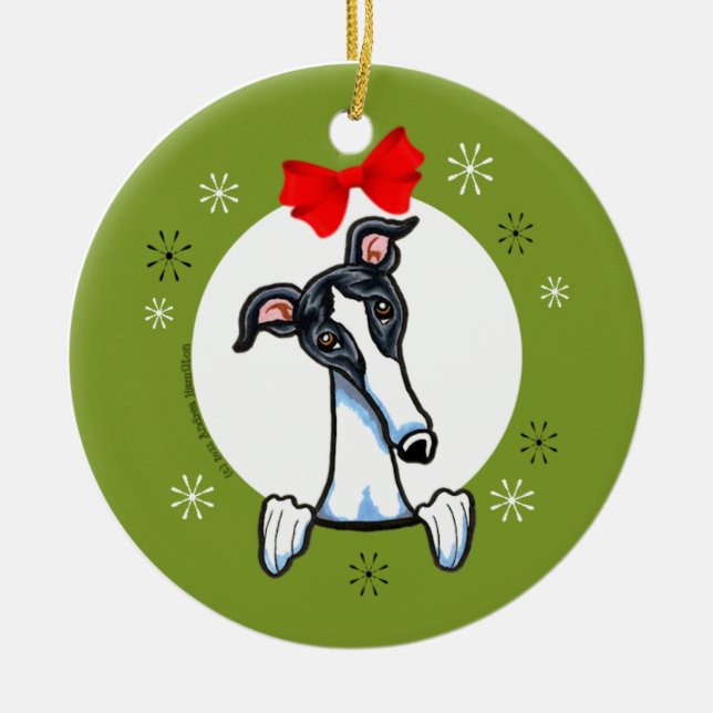 Adorno De Cerámica Clásico de Navidades de Greyhound Blancos Negros (Frente)