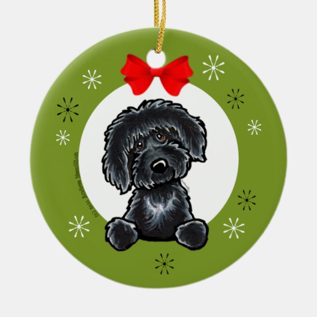 Adorno De Cerámica Clásico de Navidades de Labradoodle Negro (Frente)