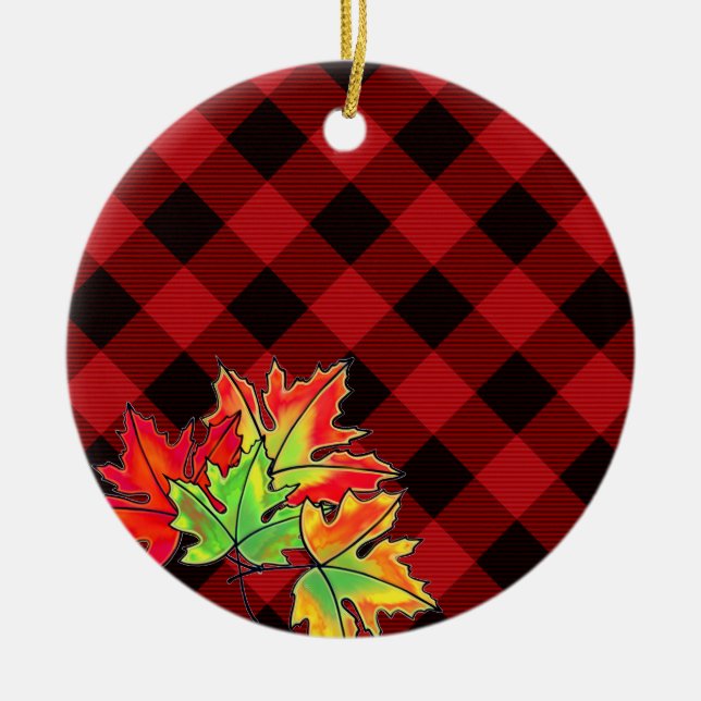 Adorno De Cerámica Clásico del condado de Red Plaid Fall Maple Leaves (Frente)