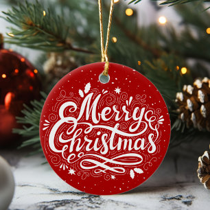 Adorno De Cerámica Clásico Feliz Navidad Festividad Rojo y Blanco