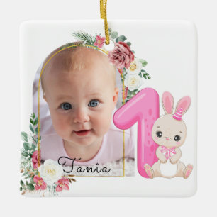 Adorno De Cerámica Clásico Marco Floral Rosa Primera Navidad del Bebe