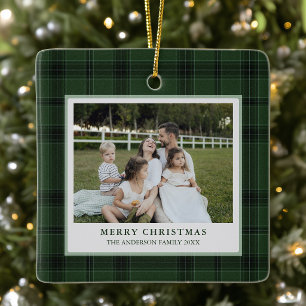 Adorno De Cerámica Clásico Tartán Verde Cuadros Foto Familiar Navidad