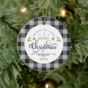 Adorno De Cerámica Classic Buffalo Plaid Check Merry Christmas