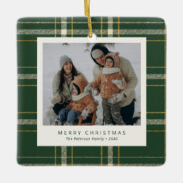 Adorno De Cerámica Classic Green Plaid Family 4 Photo Holiday
