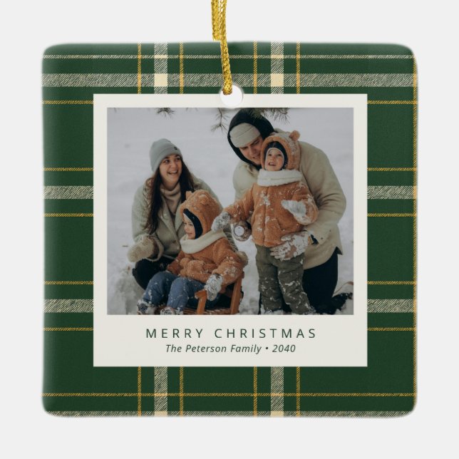 Adorno De Cerámica Classic Green Plaid Family 4 Photo Holiday (Anverso)