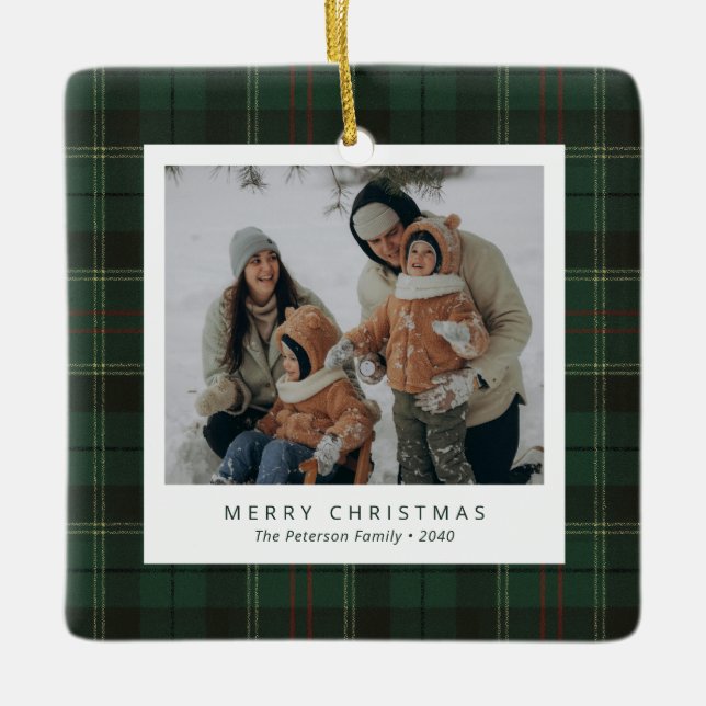 Adorno De Cerámica Classic Green Tartan Plaid Family 4 Photo Holiday (Anverso)