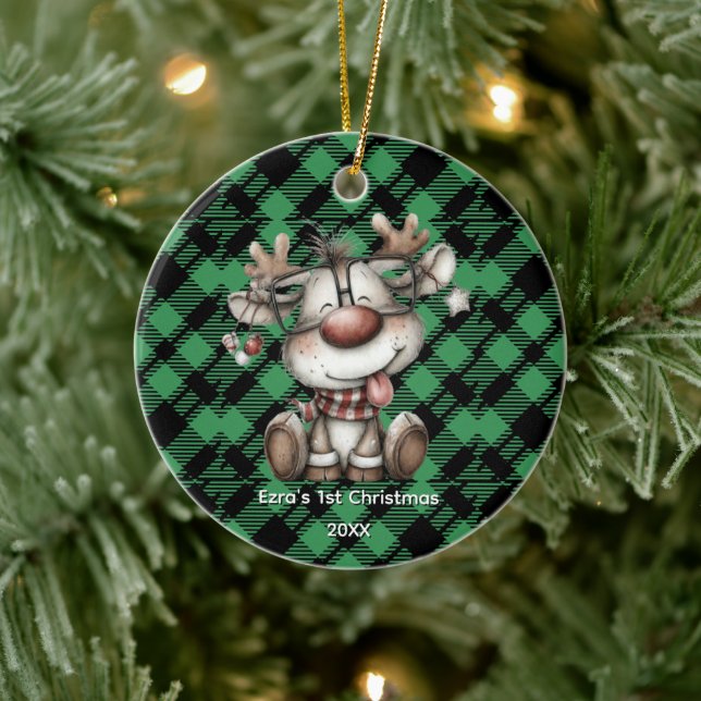 Adorno De Cerámica Classic Holiday Green Checkered Pattern Custom (Árbol)