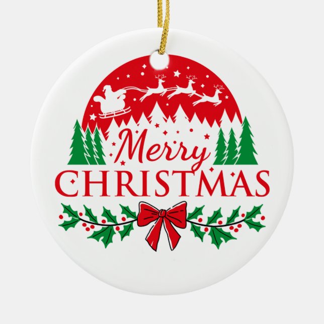 Adorno De Cerámica "Classic Merry Christmas Reindeer & Santa Ornament (Frente)