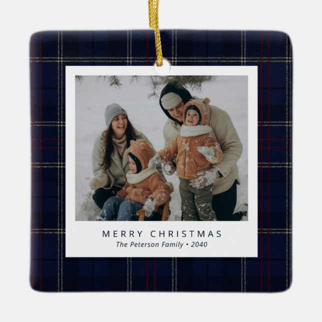 Adorno De Cerámica Classic Navy Blue Plaid Family 4 Photo Holiday (Anverso)