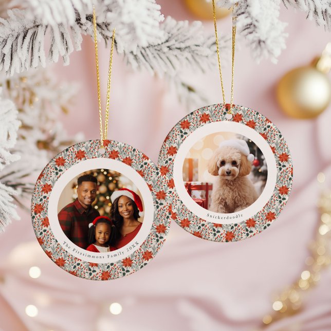 Adorno De Cerámica Classic Red Poinsettia 2 Family Photos Christmas (Poinsettia Season 2 Photo Christmas Ornament white)