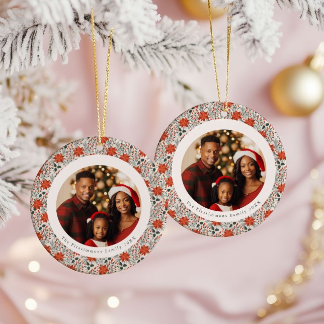 Adorno De Cerámica Classic Red Poinsettia 2 Sided Photo Christmas (Poinsettia Season Double Sided Photo Christmas Ornament white)